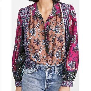 Xirena Kiera Size Large Button Shirt Blouse Colorful Paisley Silk Cotton Blend